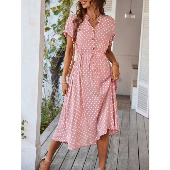 Pink Polka Dot Dress Midi Drawstring Ties Short Sleeve - Picture 1 of 11